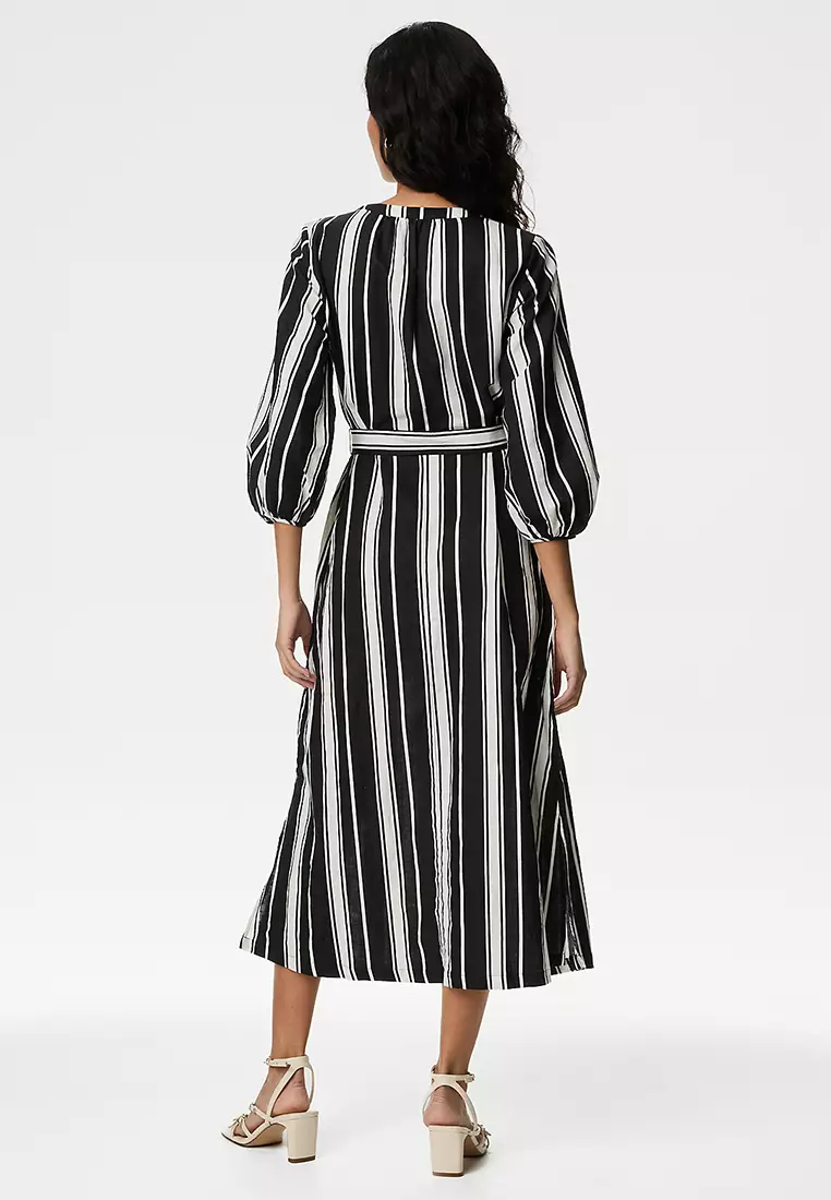 Linen Rich V-Neck Belted Maxi Column Dress