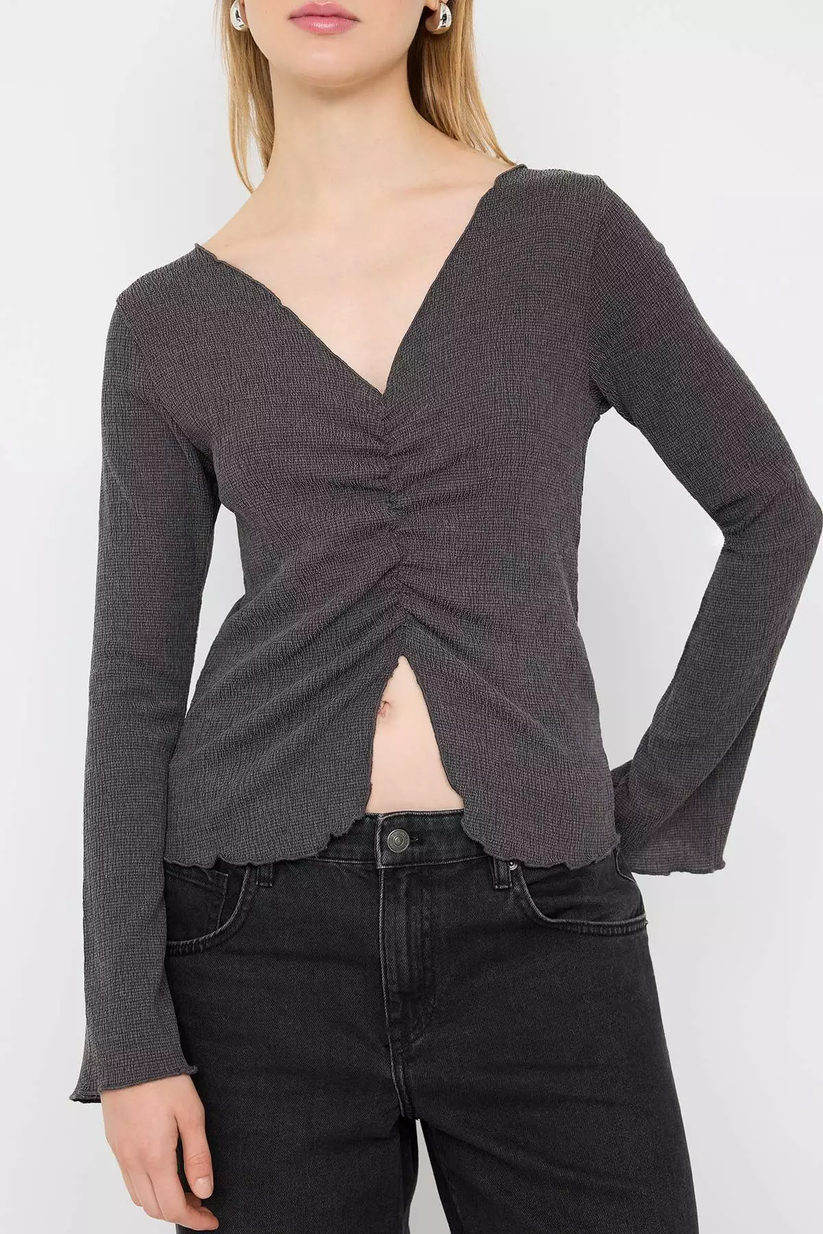 Teen Anthracite Gathered/Draped Detailed Textured Slim Knit Blouse
