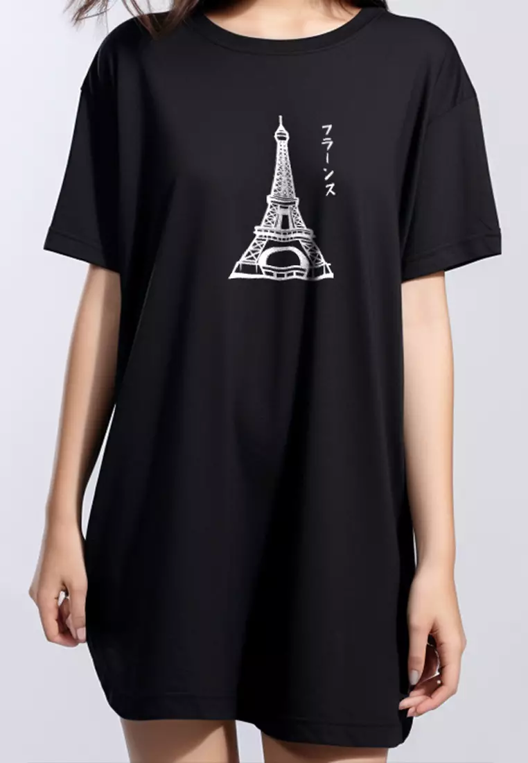 LTE93 long dress korean style kaos casual france katakana hitam