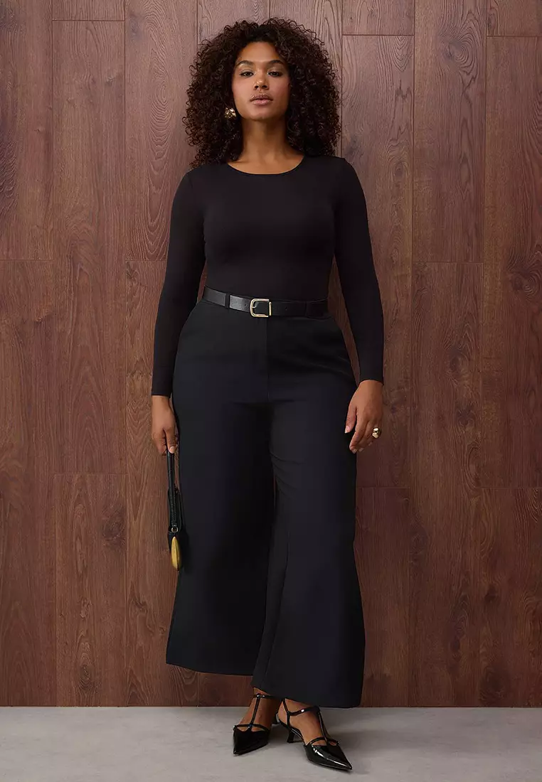 Special Collection Black Wide Leg Premium Belted Plus Size Trousers