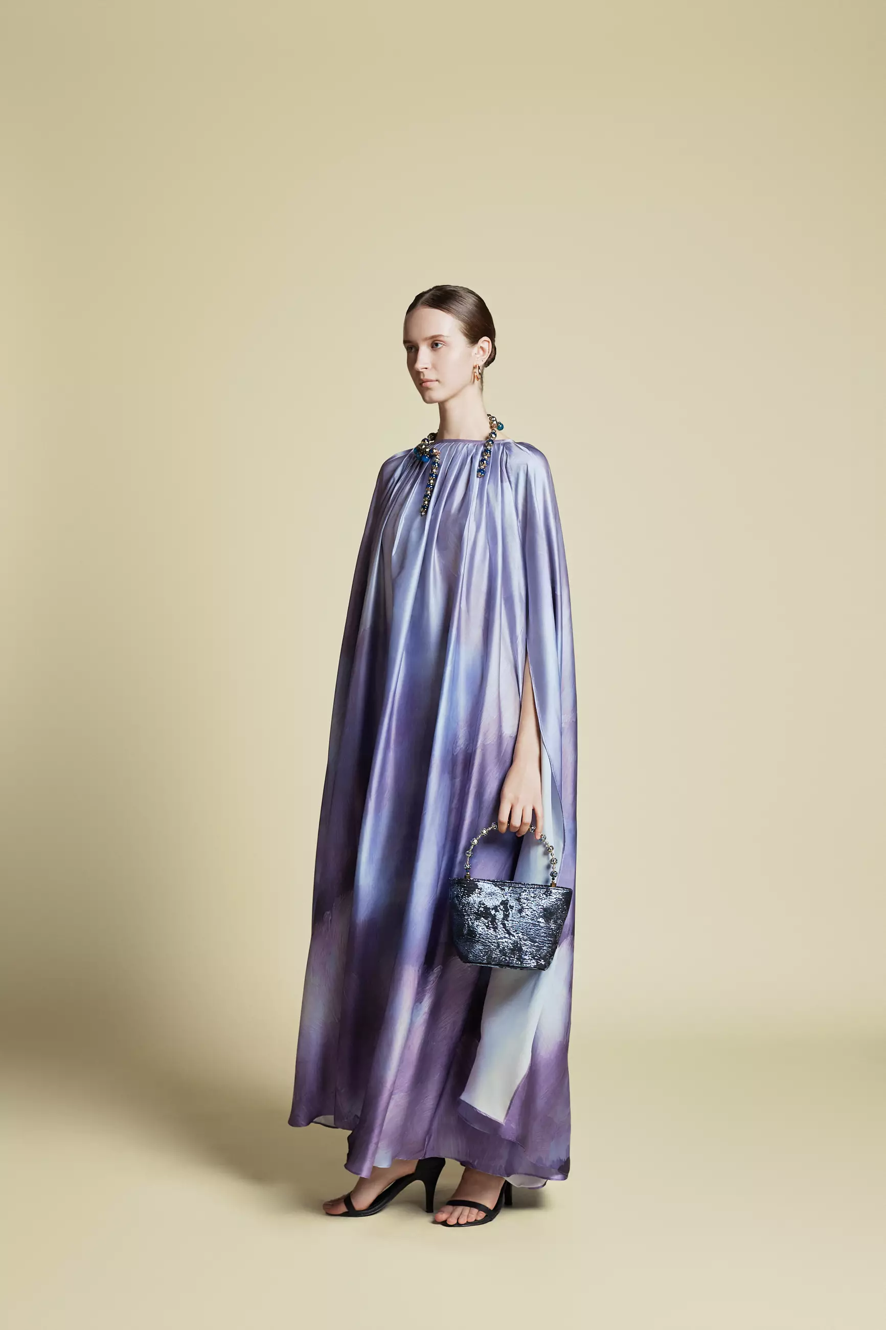 Demure Signature - Cape Kaftan in Italian silk Twill Abstract Purple - Dress