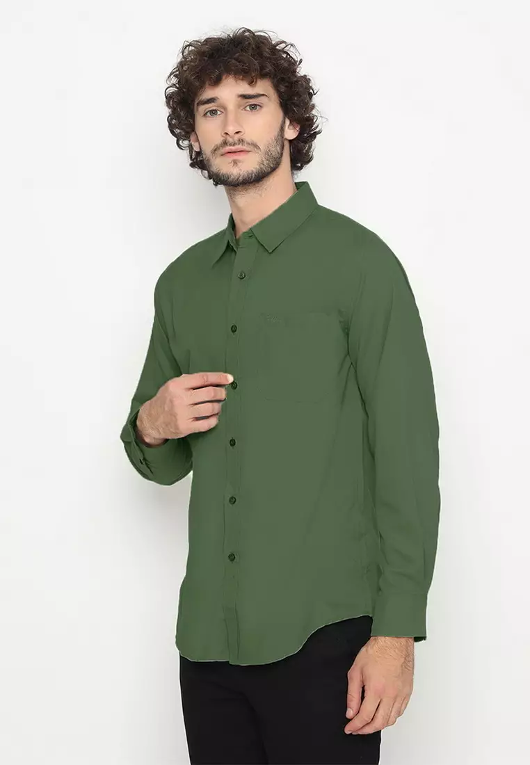 POLICE Kemeja Polos Basic Cotton Soft Olive Regular Fit Lengan Panjang Pria