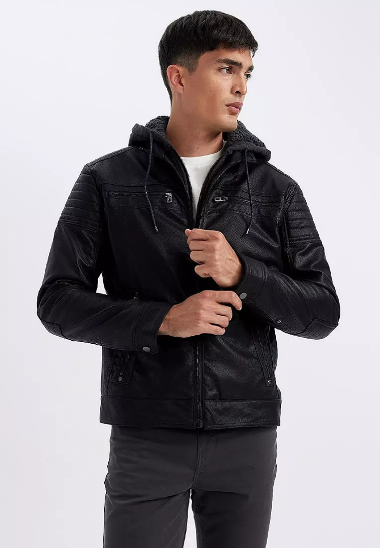 Hooded Faux Leather Jacket