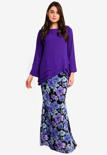 Midi Kurung Chiffon Peplum Kebaya Pleated w Layered Ruffle from Zuco Fashion in Purple