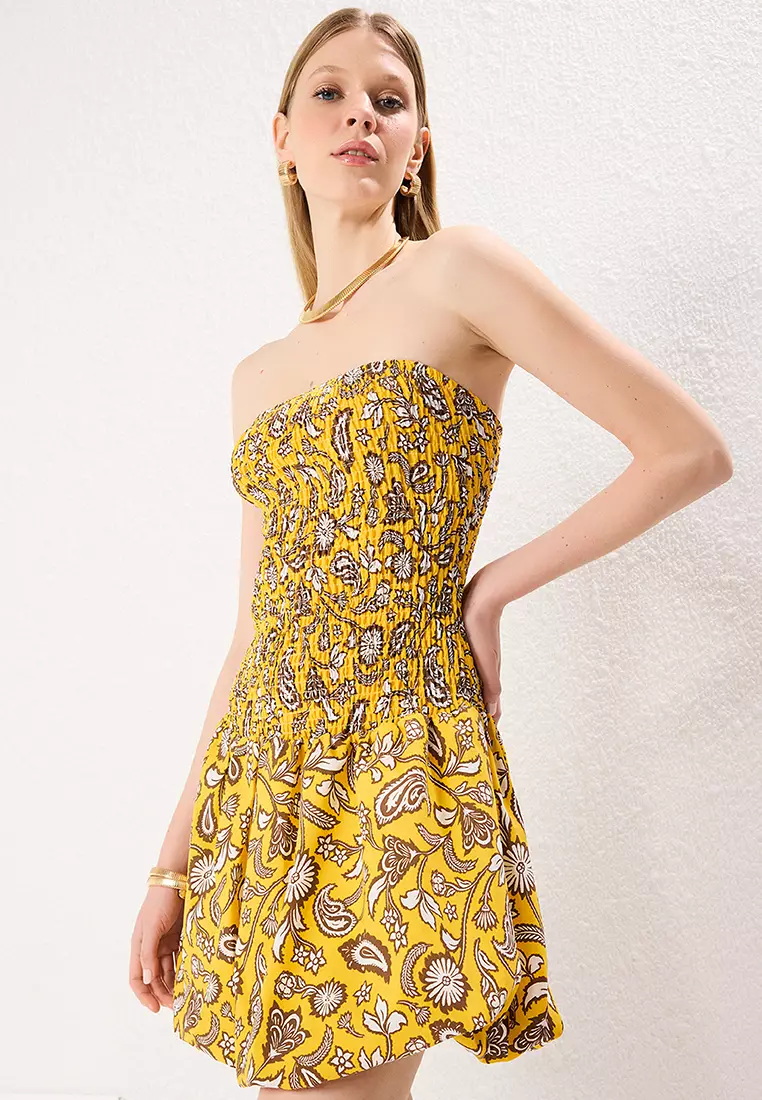 Yellow Floral Patterned Gipel Balloon Skirt Detailed Mini Woven Dress TWOSS24EL01141