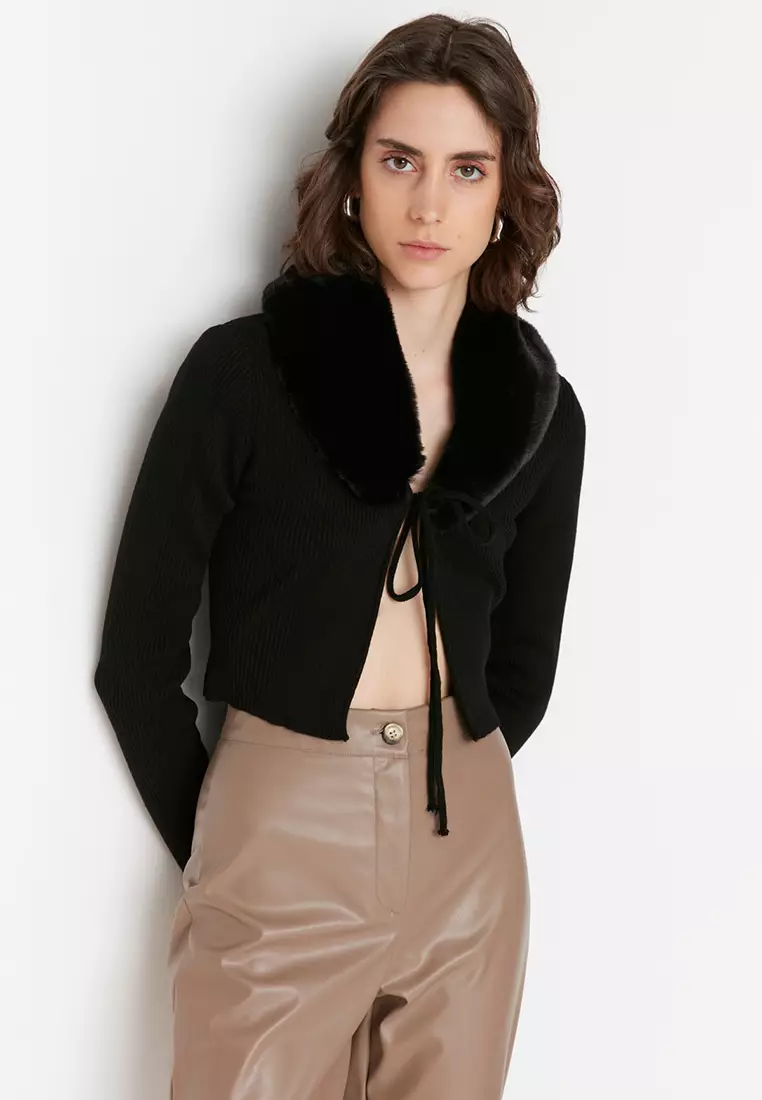 Buy Trendyol Faux Fur Collar Knitted Cardigan Online | ZALORA Malaysia