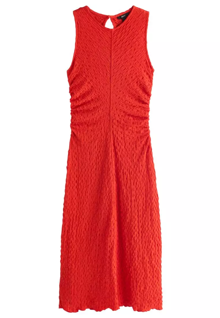 Sleeveless Textured Ruched Midi Dress