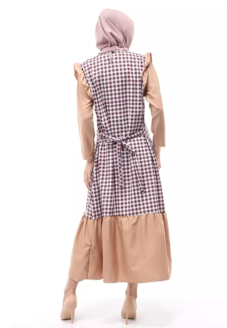 Ghina Gamis Tartan Muslimah Long Casual Wanita Regular Fit - Mocca