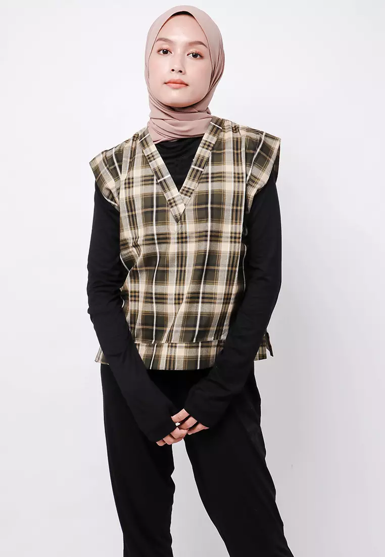 Nade Japan FTA70 Rompi Outer Wanita Vest Lucu Flanel Tartan Coklat Hitam
