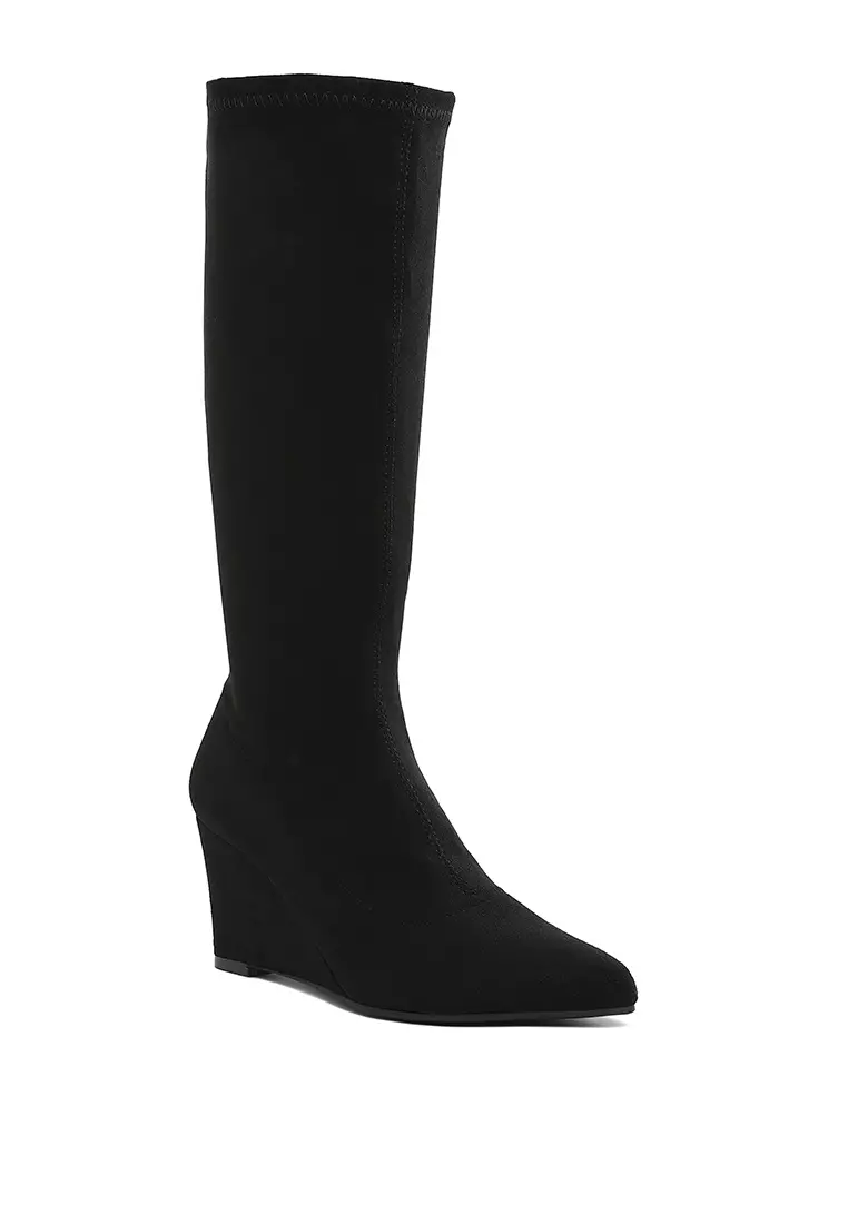 Microfiber Wedge Heel Boots in Black