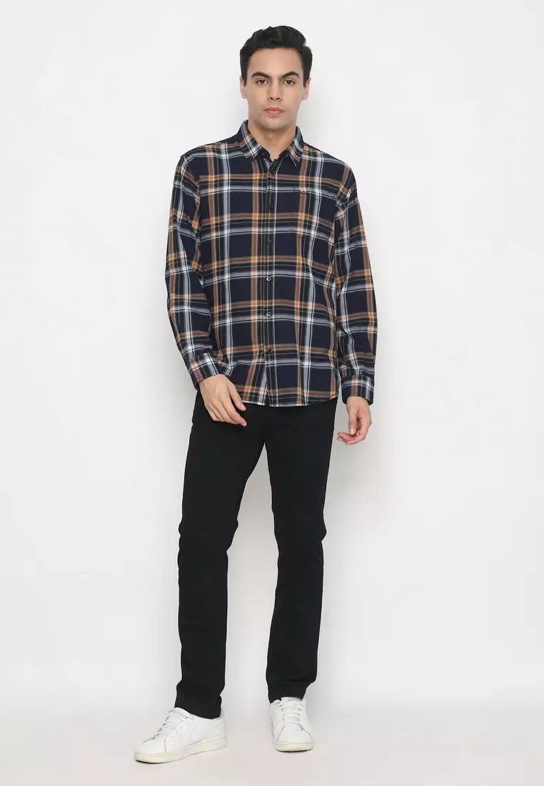 POLICE Kemeja Kotak Twill Orange Regular Fit Lengan Panjang Pria