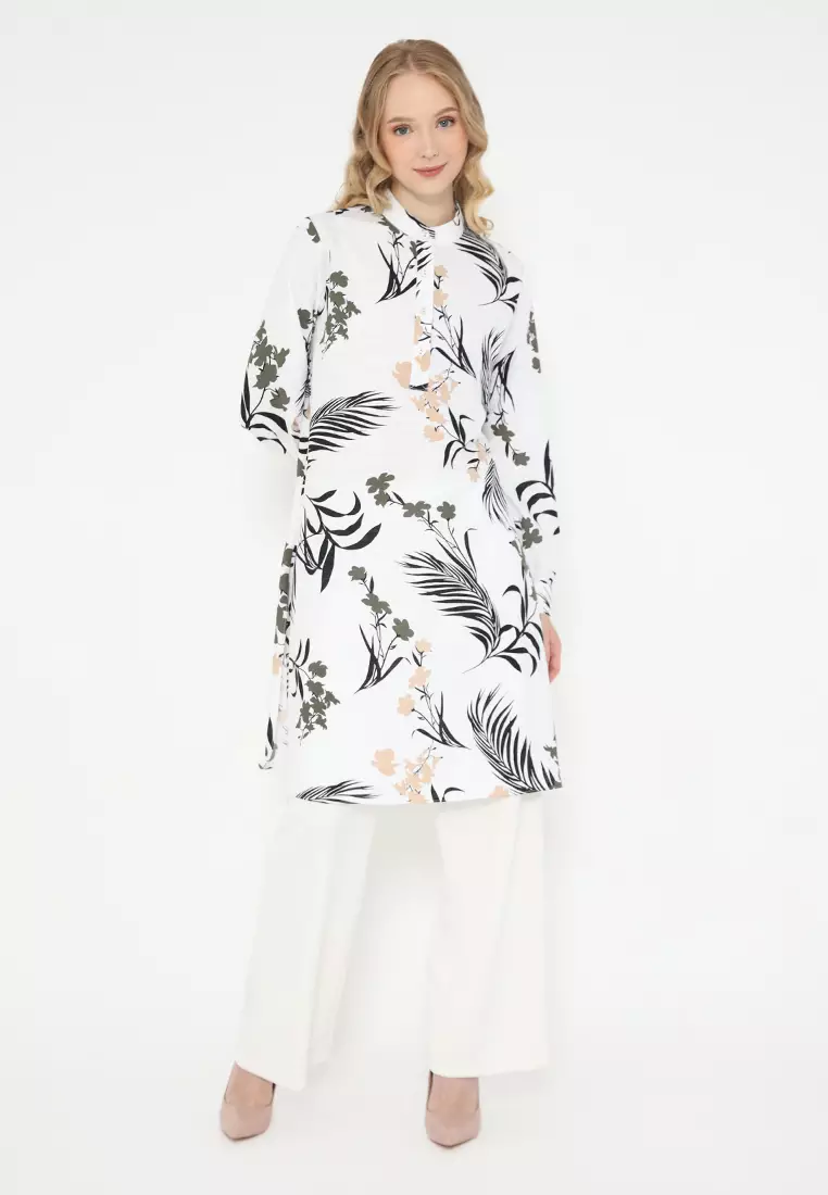 Tunic Floral White Long Sleeve Arlette By Brilliant Girl Warna Putih