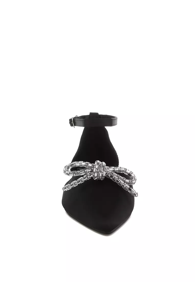 Rhinestone Detail Bow Flat Sandals in Black