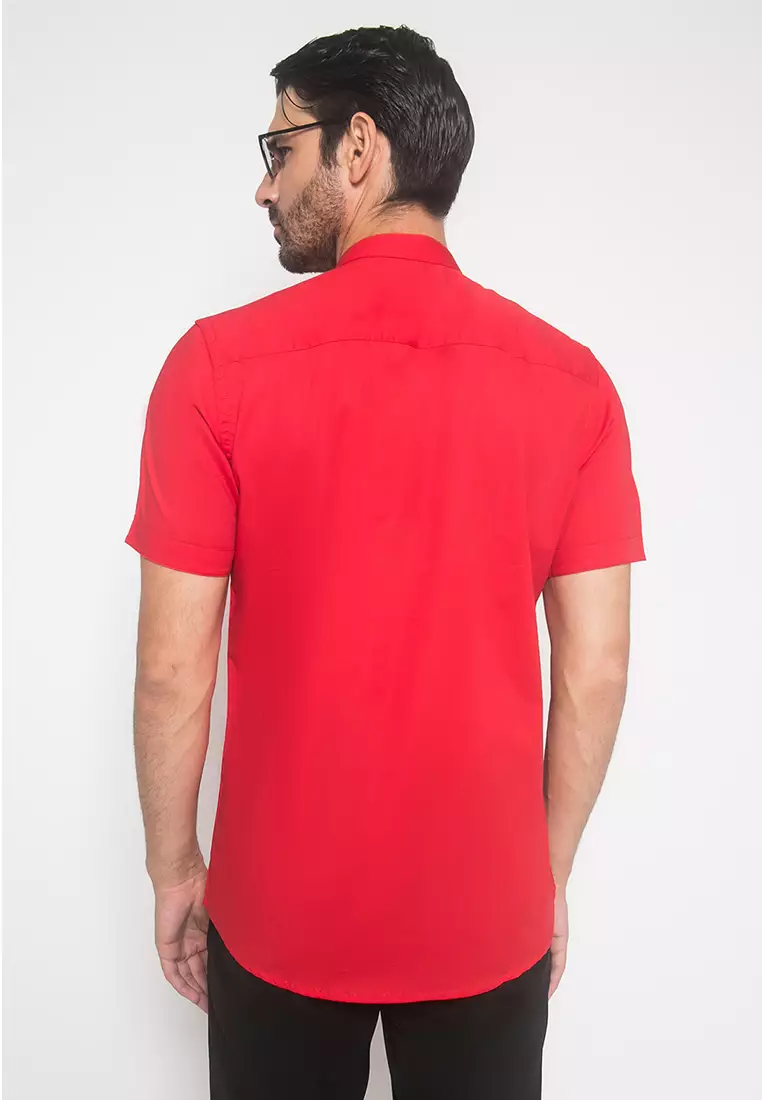 Johnwin - Slim Fit - Kemeja Formal - Model Kerah Shanghai - Warna Merah