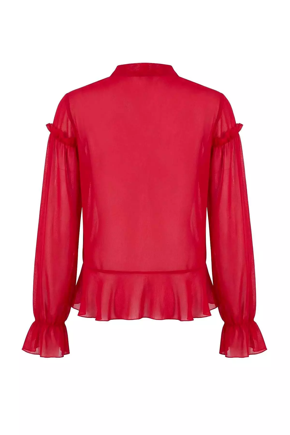 Red Scarf Collar Front Short Chiffon See-Through Blouse Twoss26Bz212
