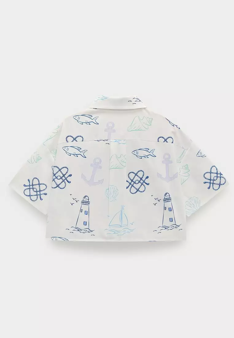Nautical Sketch Cropped Shirt - White