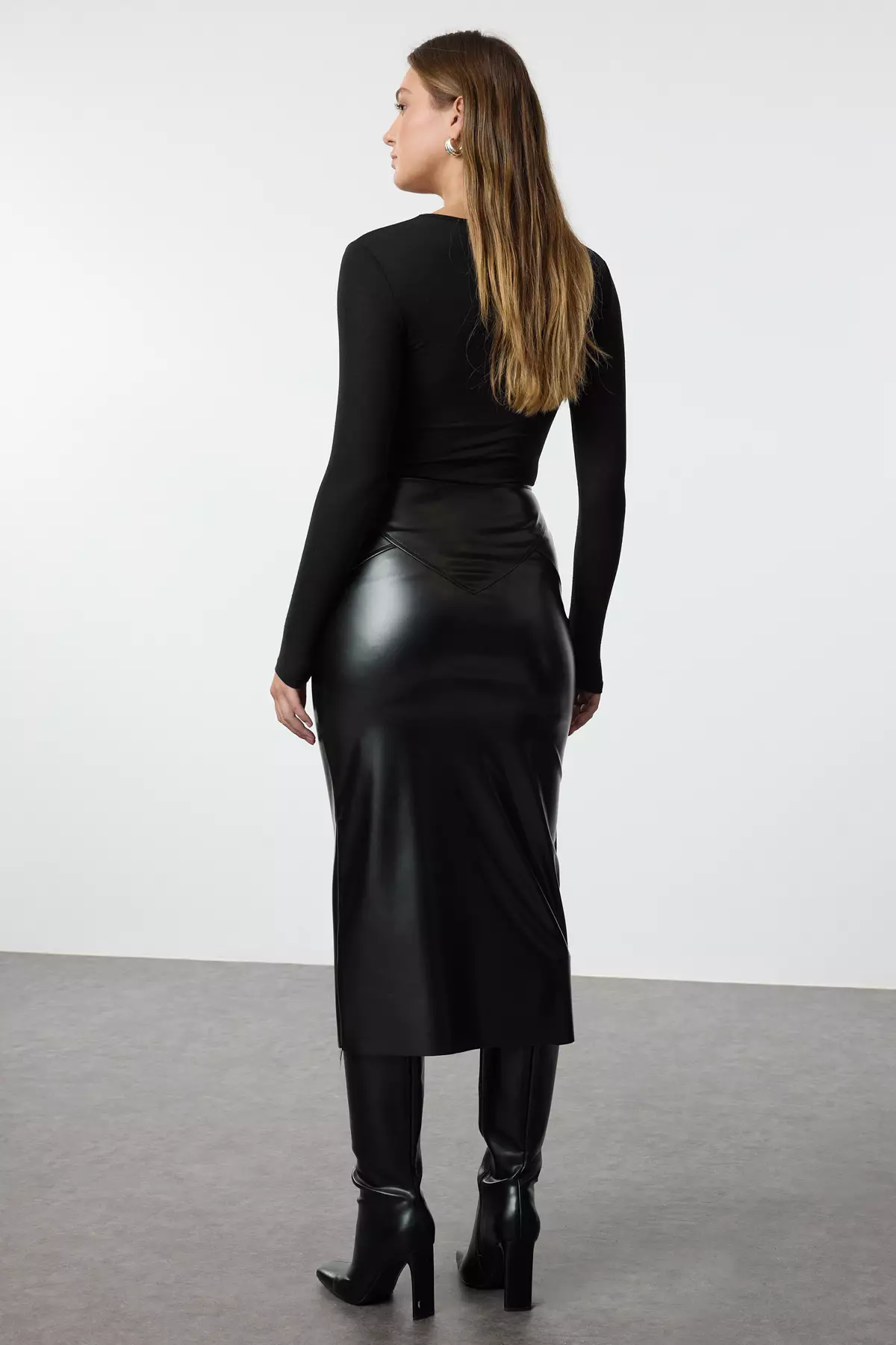 Black Zipper Detail Midi Faux Leather Skirt