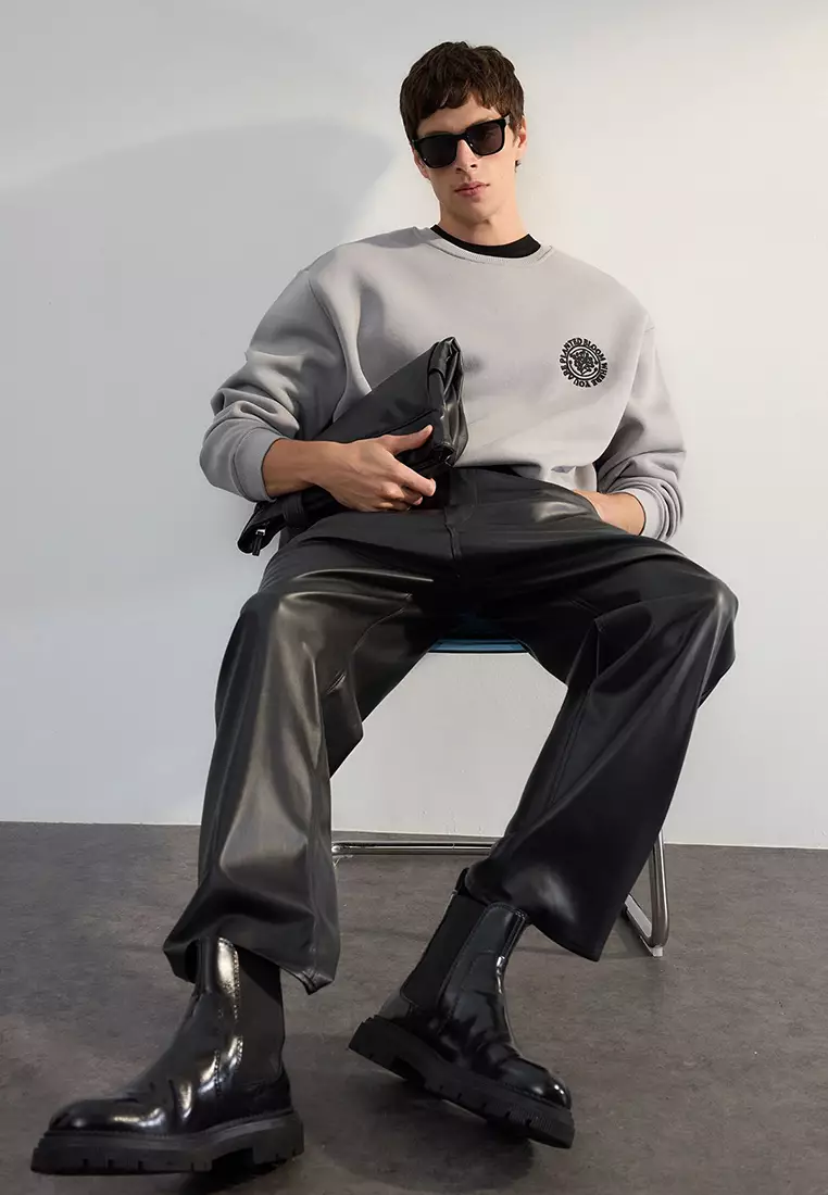 Grey Oversize/Wide Cut Floral Embroidered Fleece Inside Cotton Sweatshirt Tmnaw24Sw00012