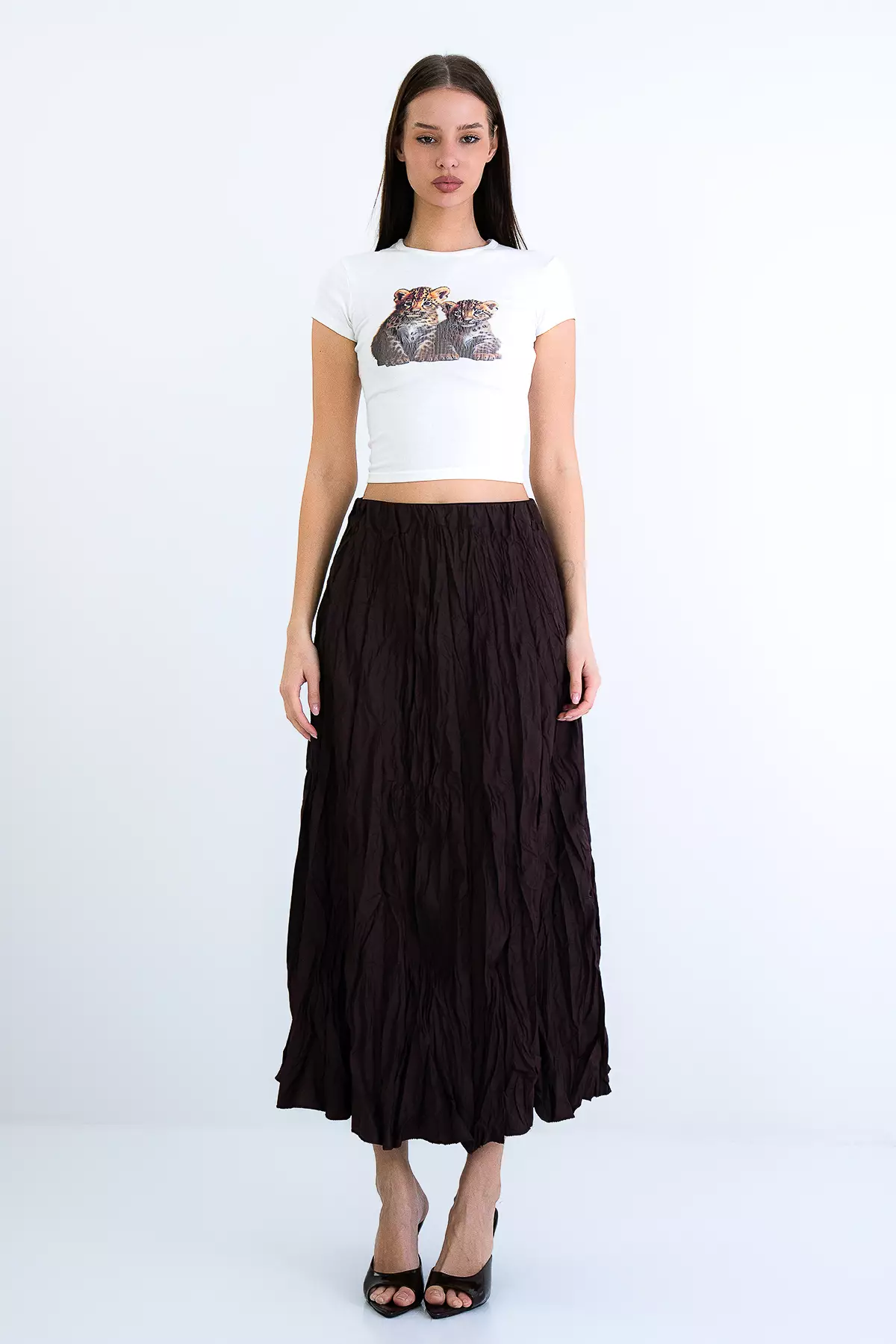 Brown Soft Crush Textured Midi Skirt Alc-X15225
