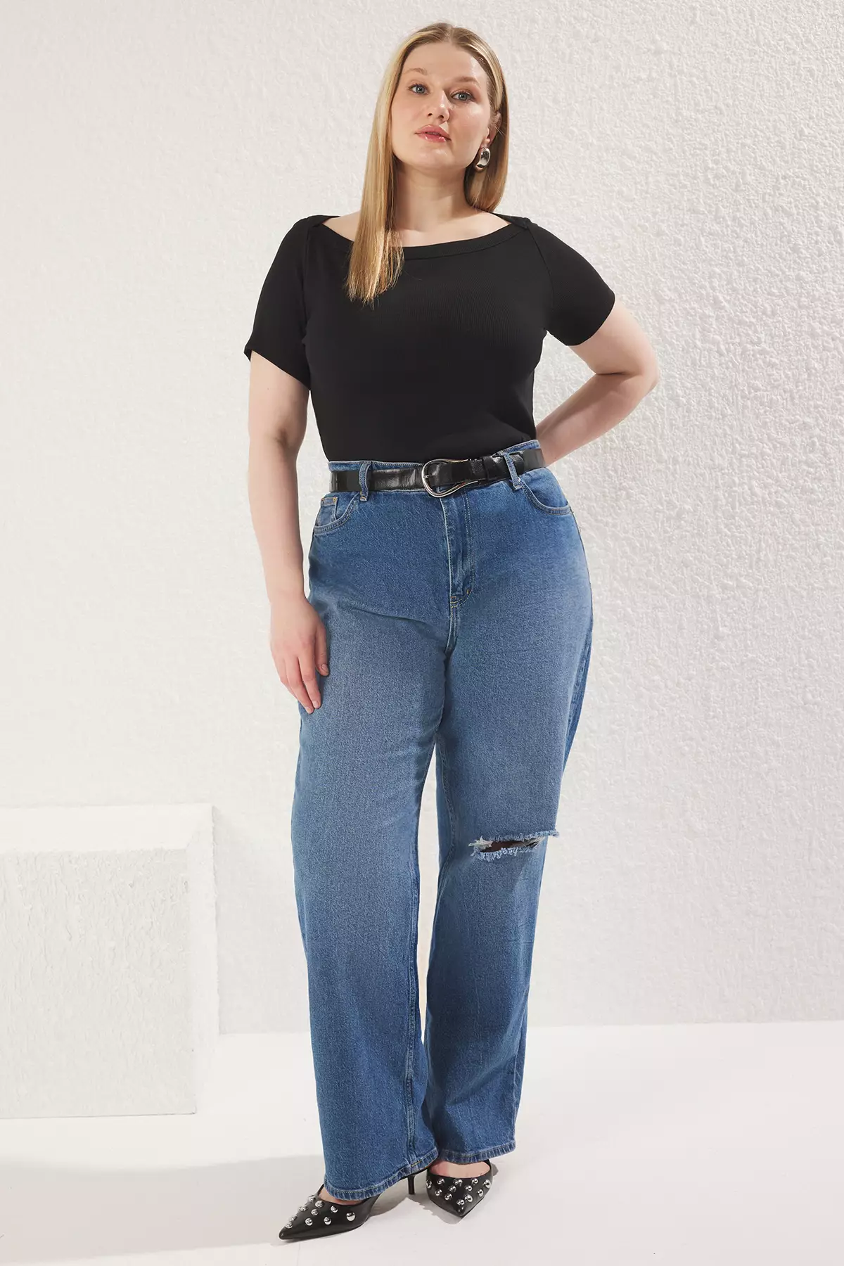 Plus Size Boat Neck Ribbed Top