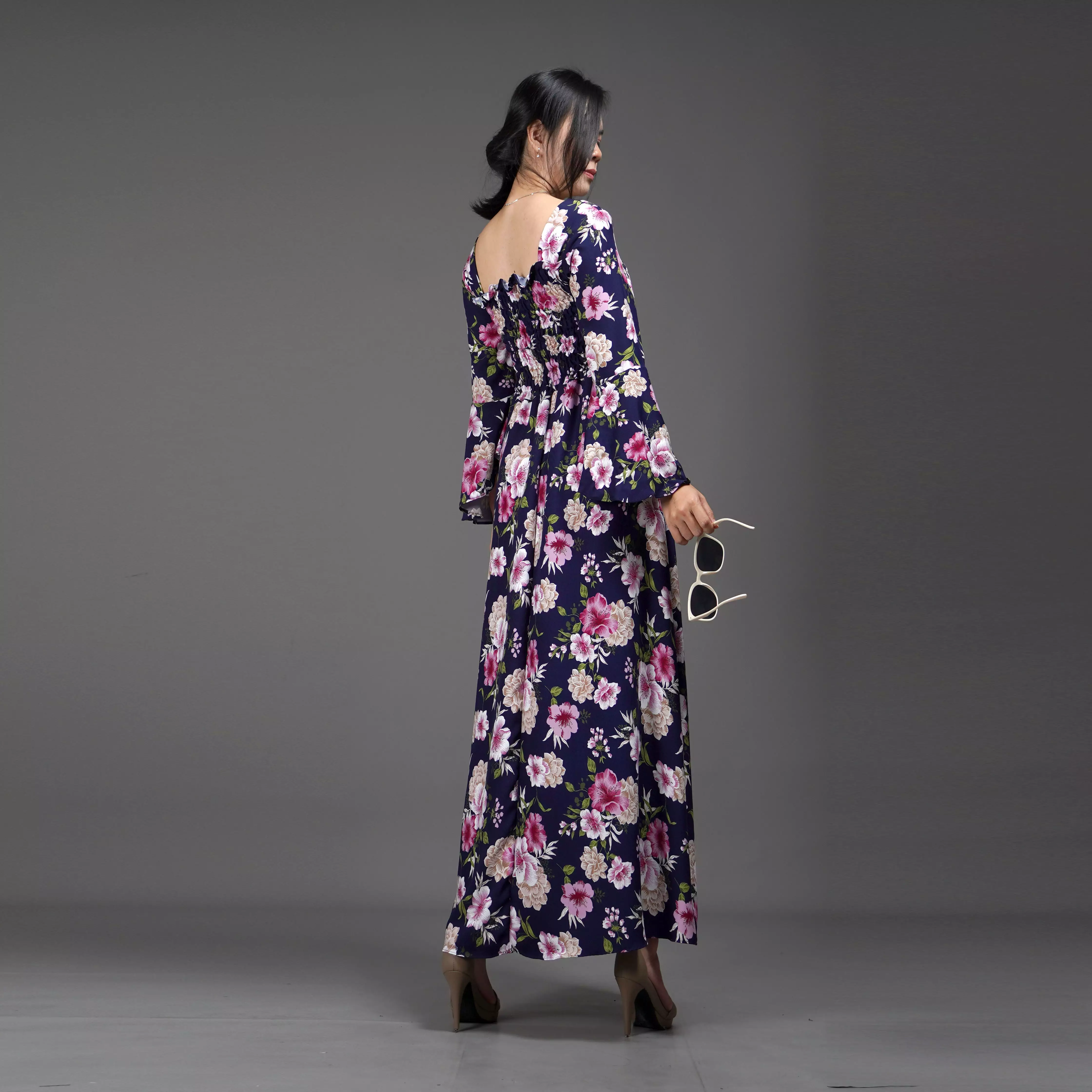 CLOVERIA Long Dress Motif Bunga Gaya Korea Dress Wanita Korean Style - Navy