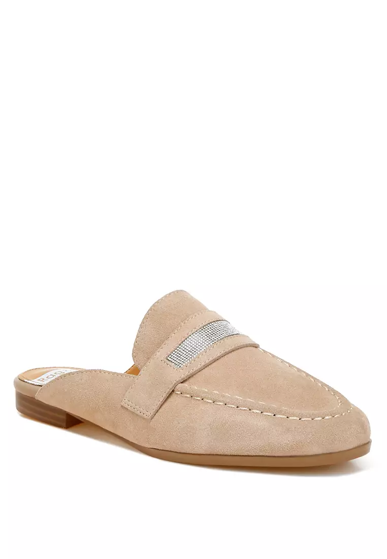 Rhinestone Strap Suede Mules in Sand