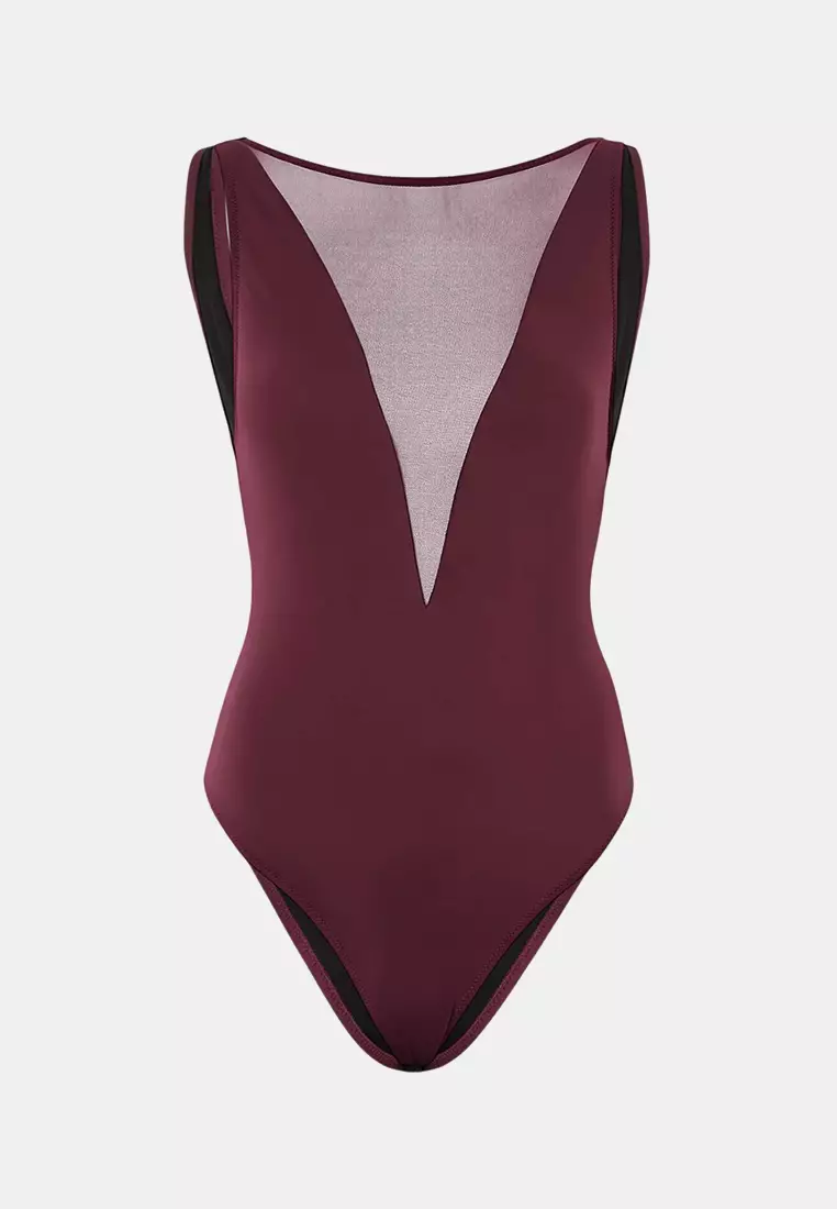 Plum Mesh Detailed Halter Neck Piece Brazilian Swimsuit Tbess26Ma28