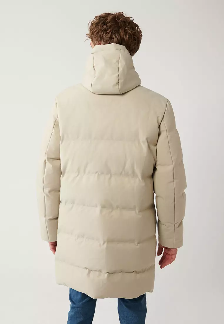 Men's Beige Hooded Goose Feather Water Repellent Long Coat A32Y6047