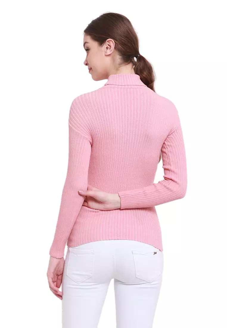 Misel Sweater Rajut Turtle Neck Long Sleeves Atasan Ribbed Wanita - Dusty Pink