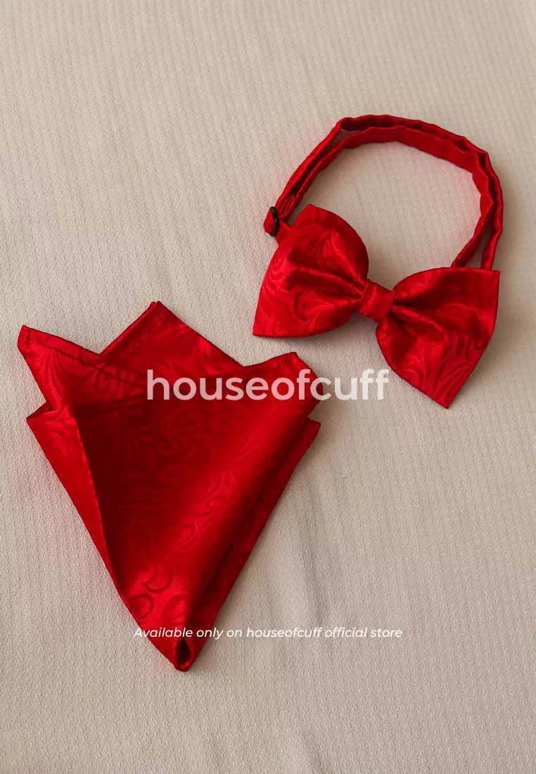 Houseofcuff dasi kupu pria bowtie pocket square jacquard merah