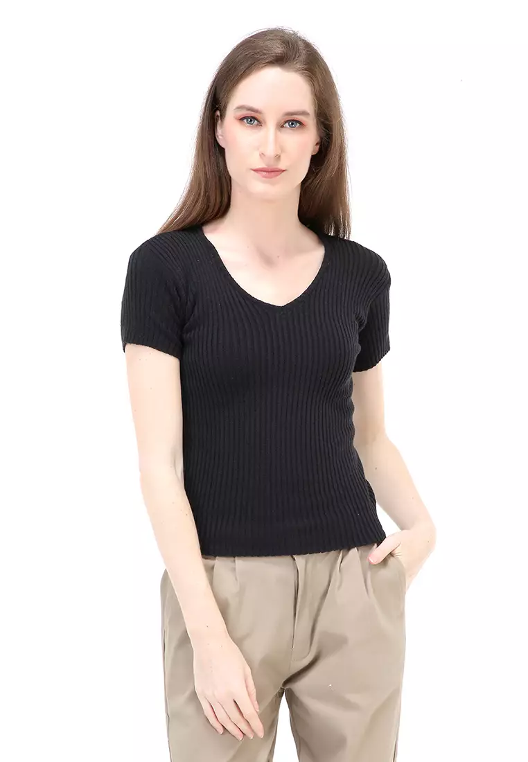 Amora Vneck Rajut Short Sleeves Atasan Casual Wanita - Black