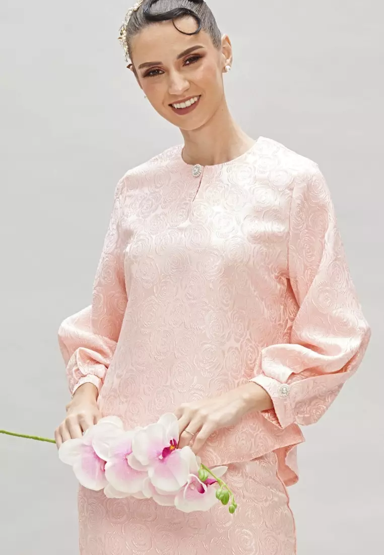 Jacquard Pink Top & Skirt Modern Kurung Kedah Hari Raya