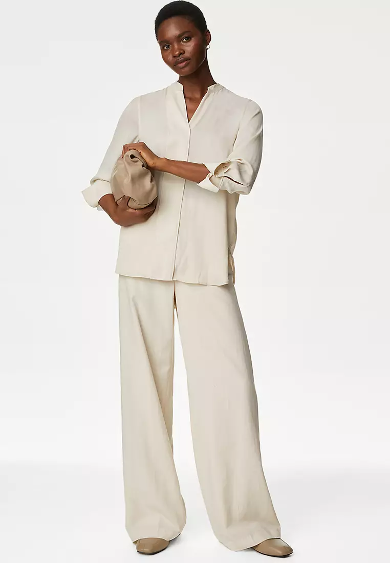 Satin V-Neck Popover Blouse