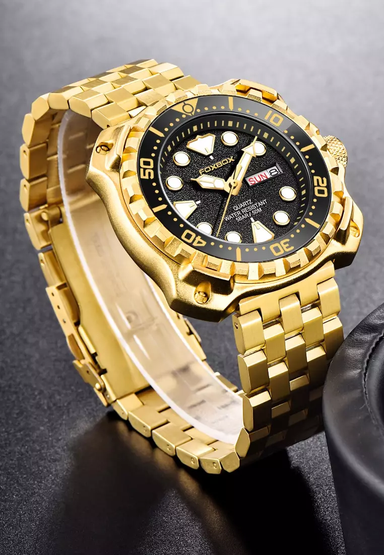 Buy LIGE FOXBOX Unisex IP Gold Stainless Steel Diver's Quartz Watch ...