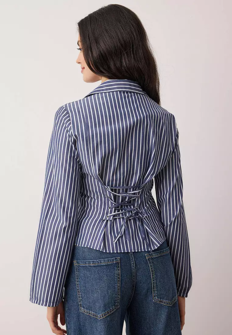 Navy Blue-White Corset Detailed Fitted Waist Shirt Twoaw26Go55