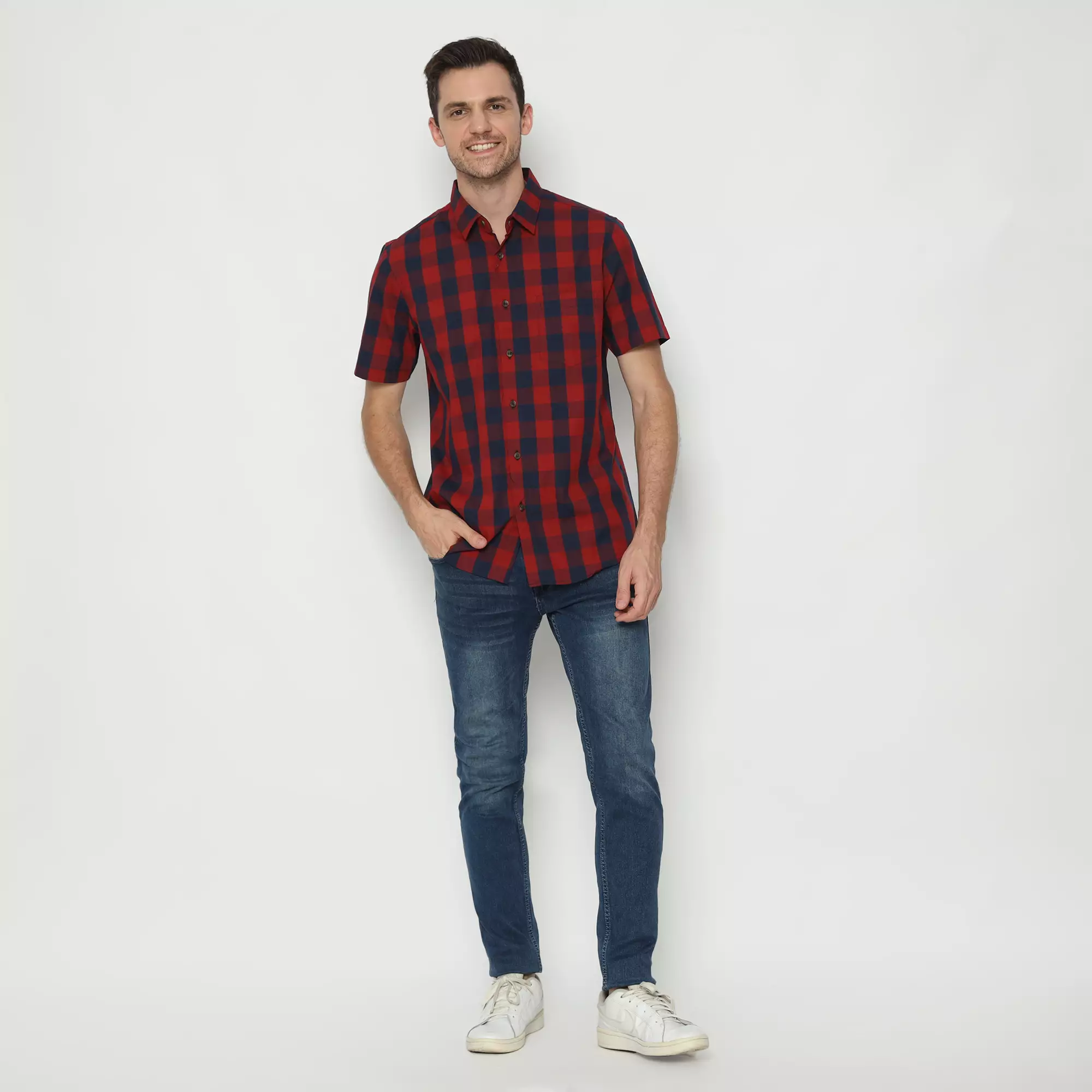 Platini Kemeja Motif Kotak Pria Lengan Pendek Katun RED 71008