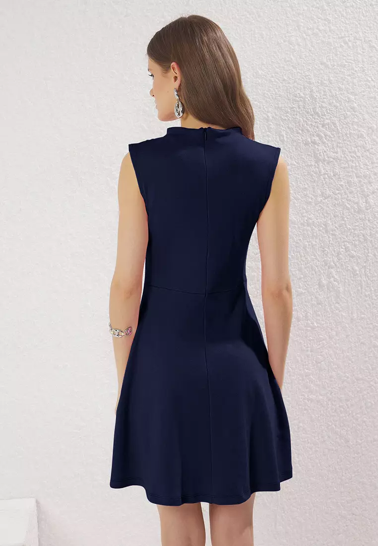 Navy Blue Stand Collar Skater/Waist Open Mini Knitted Dress TWOSS25EL00359