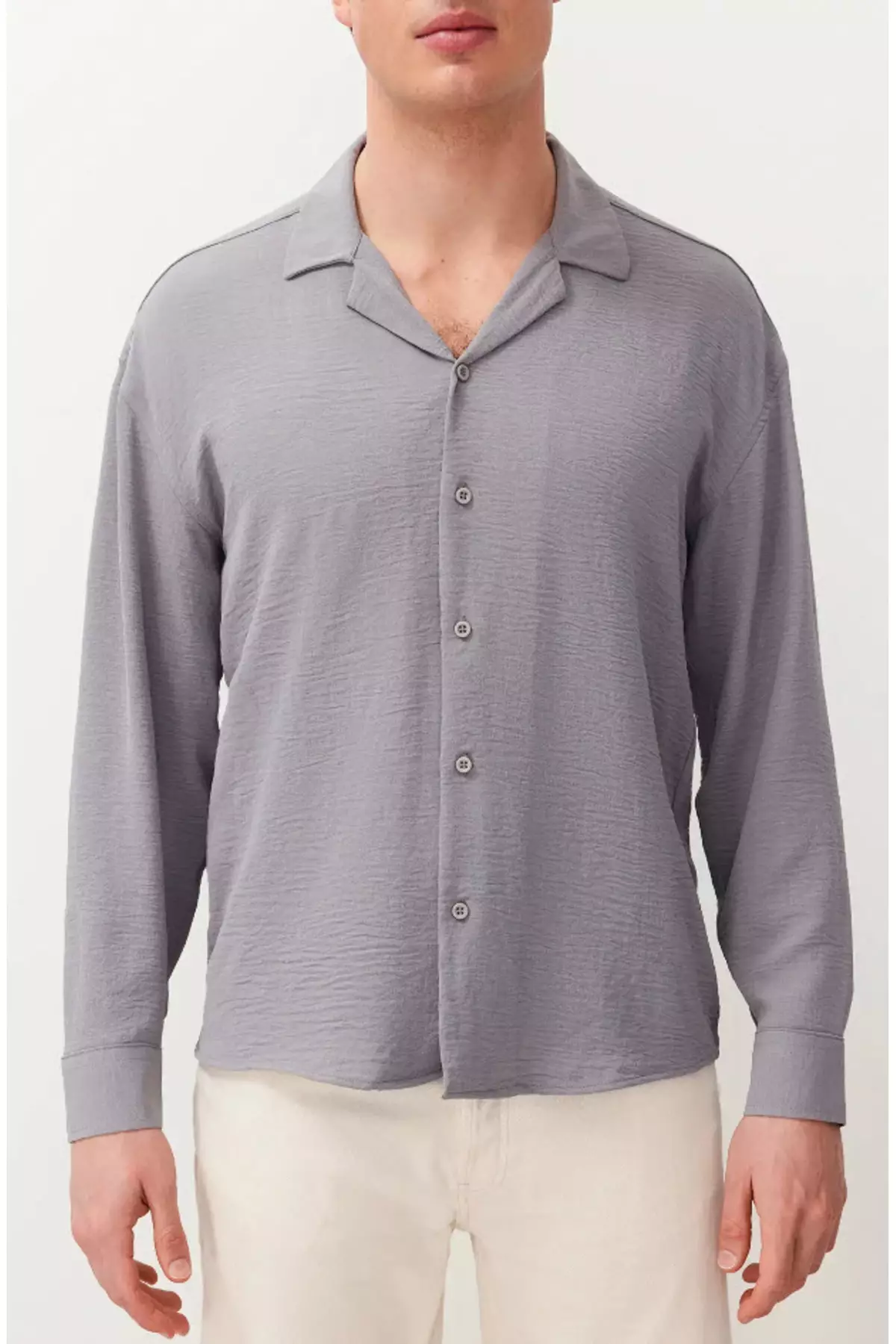 Light Gray Oversize Summer Linen Look Shirt - Apache Collar Tmnss23Go00053