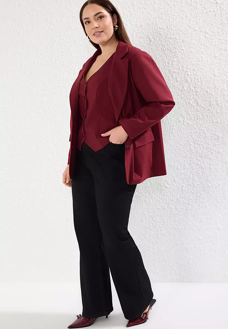 Burgundy Lined Oversize/Wide Cut Blazer Woven Plus Size Fabric Jacket Tbbaw25Ag00019