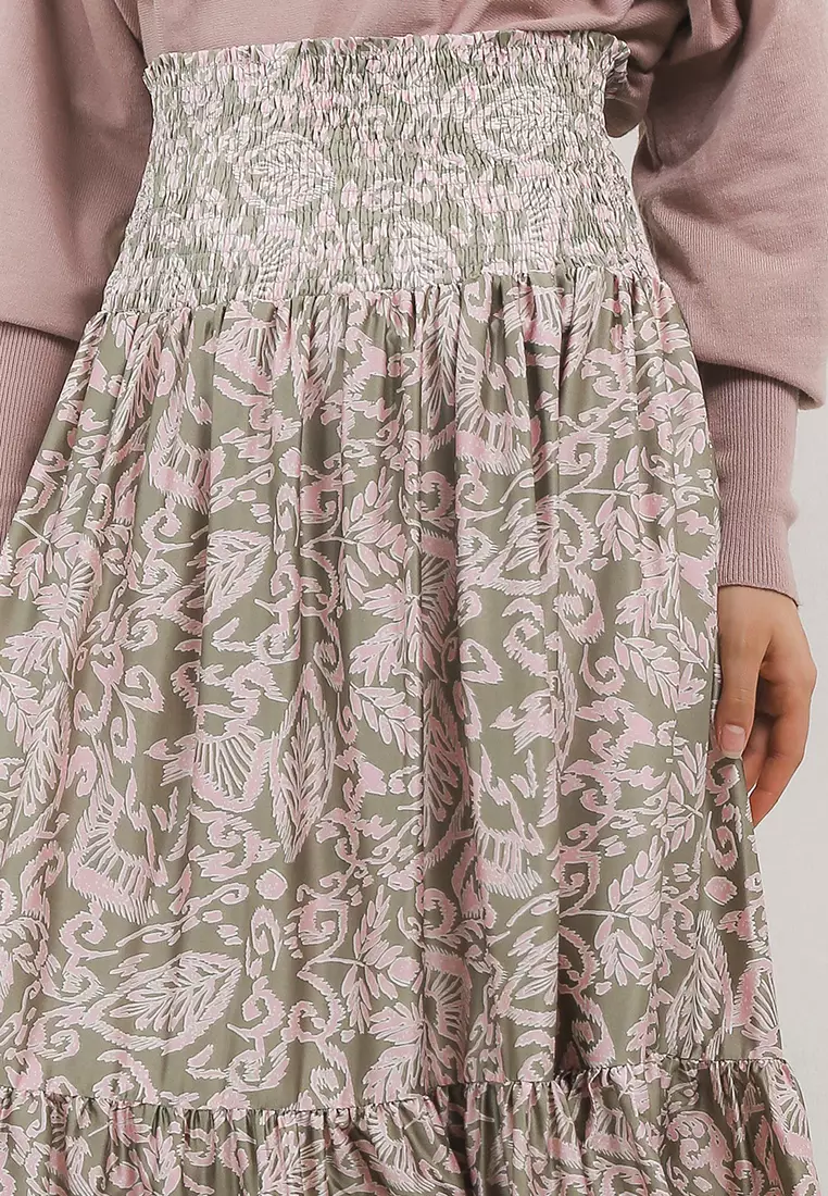 Ethnic Print Snocked Satin Skirt