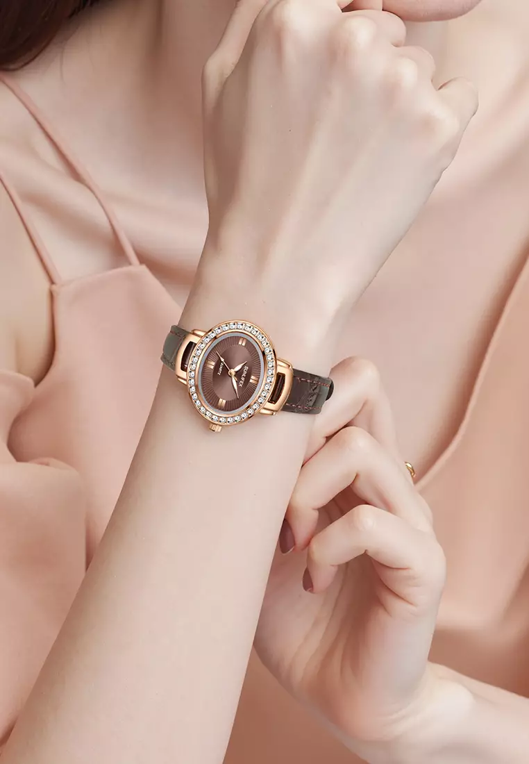 Jam Tangan Wanita Original Korea Kuarsa Antik Tali Kulit Kasual Oval Jam Tangan Cewek E052 brown