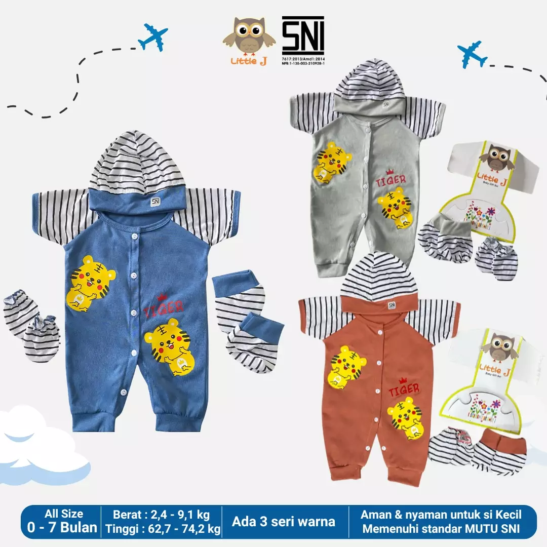 Little J - Bear Star Jumpsuit -Romper Set Baby 4 in 1 Bayi Laki laki Bayi Perempuan ( Sarung tangan,Sarung Kaki,Topi,Baju)