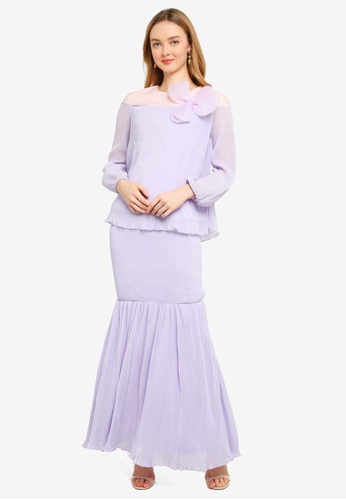 Embellished Puff Sleeves Flare Kurung from Lubna in Purple