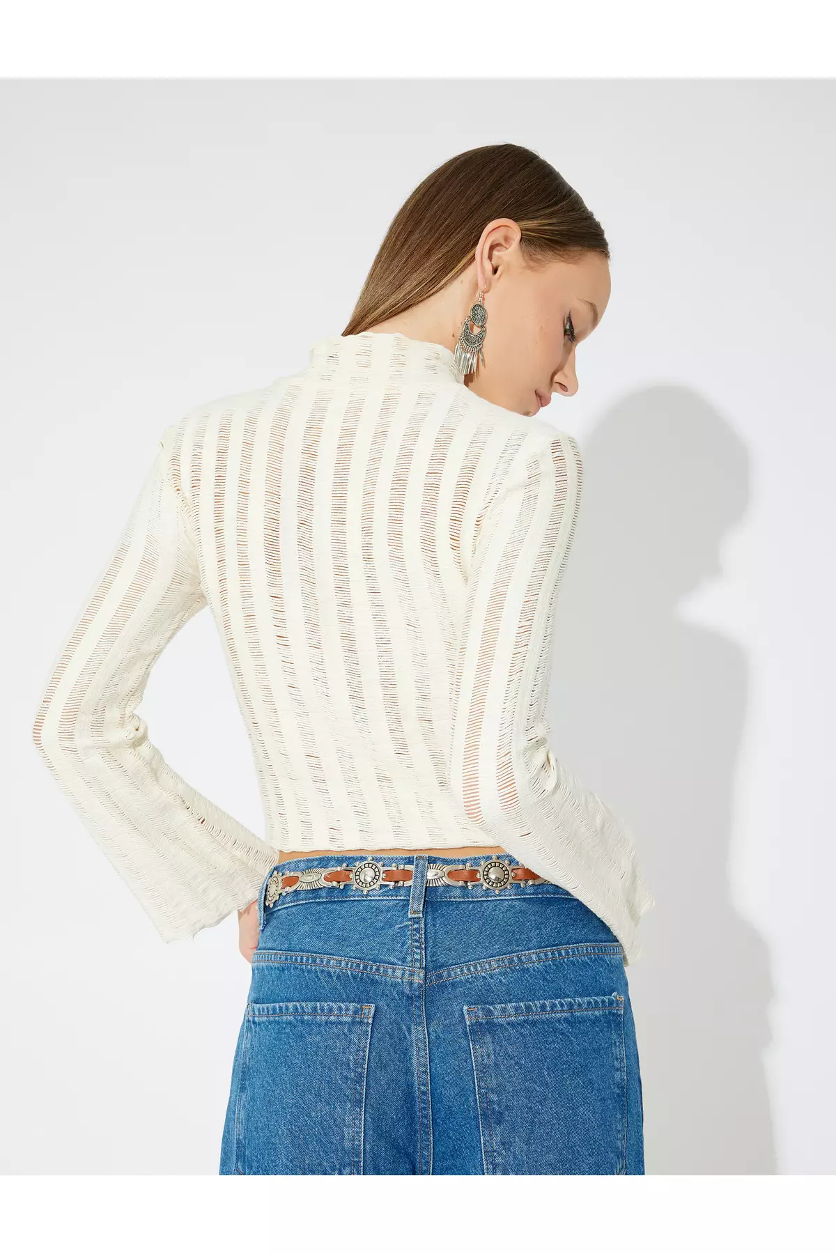 Long Sleeve Semi-Transparent Openwork Stand-Up Collar T-Shirt