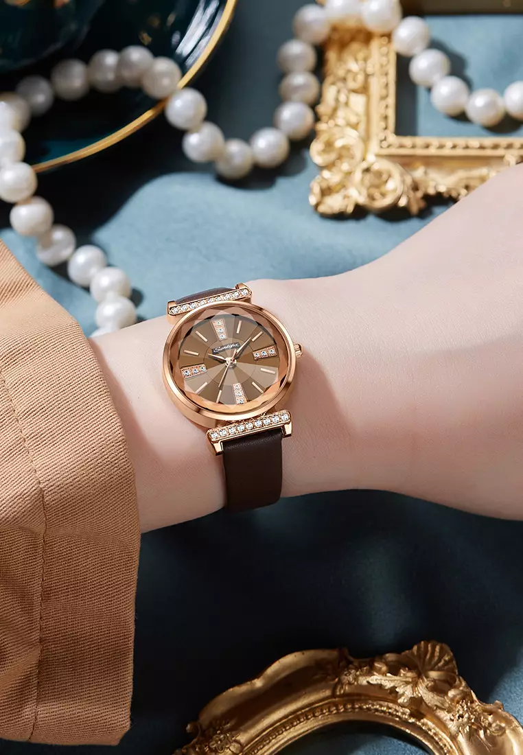 Jam Tangan Wanita Berlian Anggun Gaya Antik Tali Kulit Original Jam Tangan Cewek 8008 allbrown