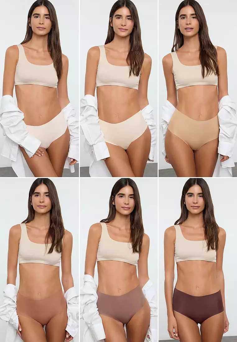 Brown 6-piece Micro Seamless/Non-Trace Laser Cut High Waist Classic Knitted Panties THMAW25KU00038