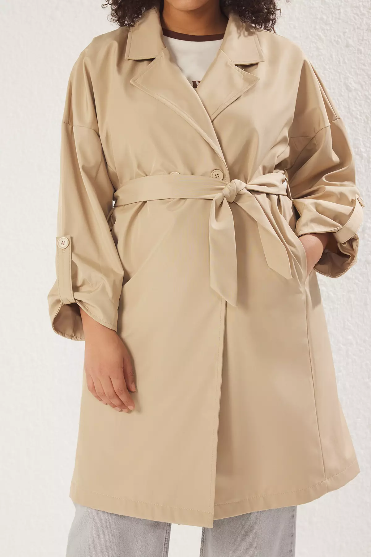 Beige Long Oversize Large Size Trench Coat Tbbss25Bm00001
