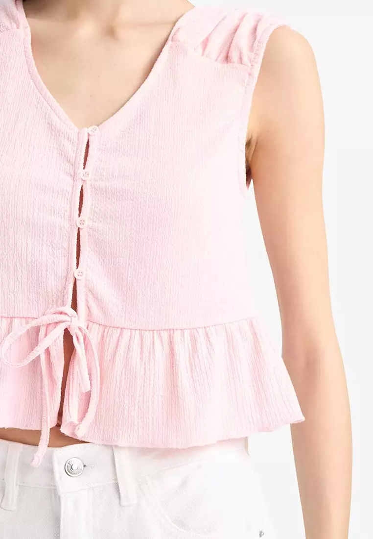 Regular Fit V Neck Front Tie Wrap Short Sleeve Blouse E9807Ax25Sm