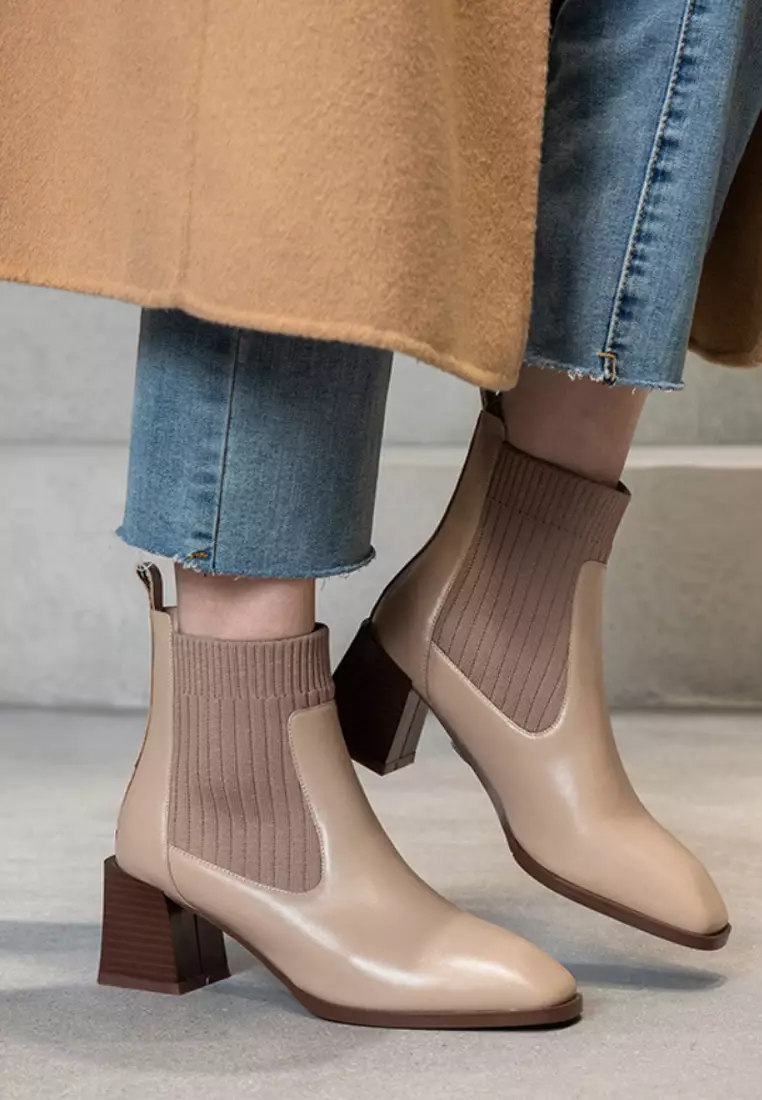 VANSA Fashionable Top Layer Cowhide Stretch Ankle Boots VSW-B06291288