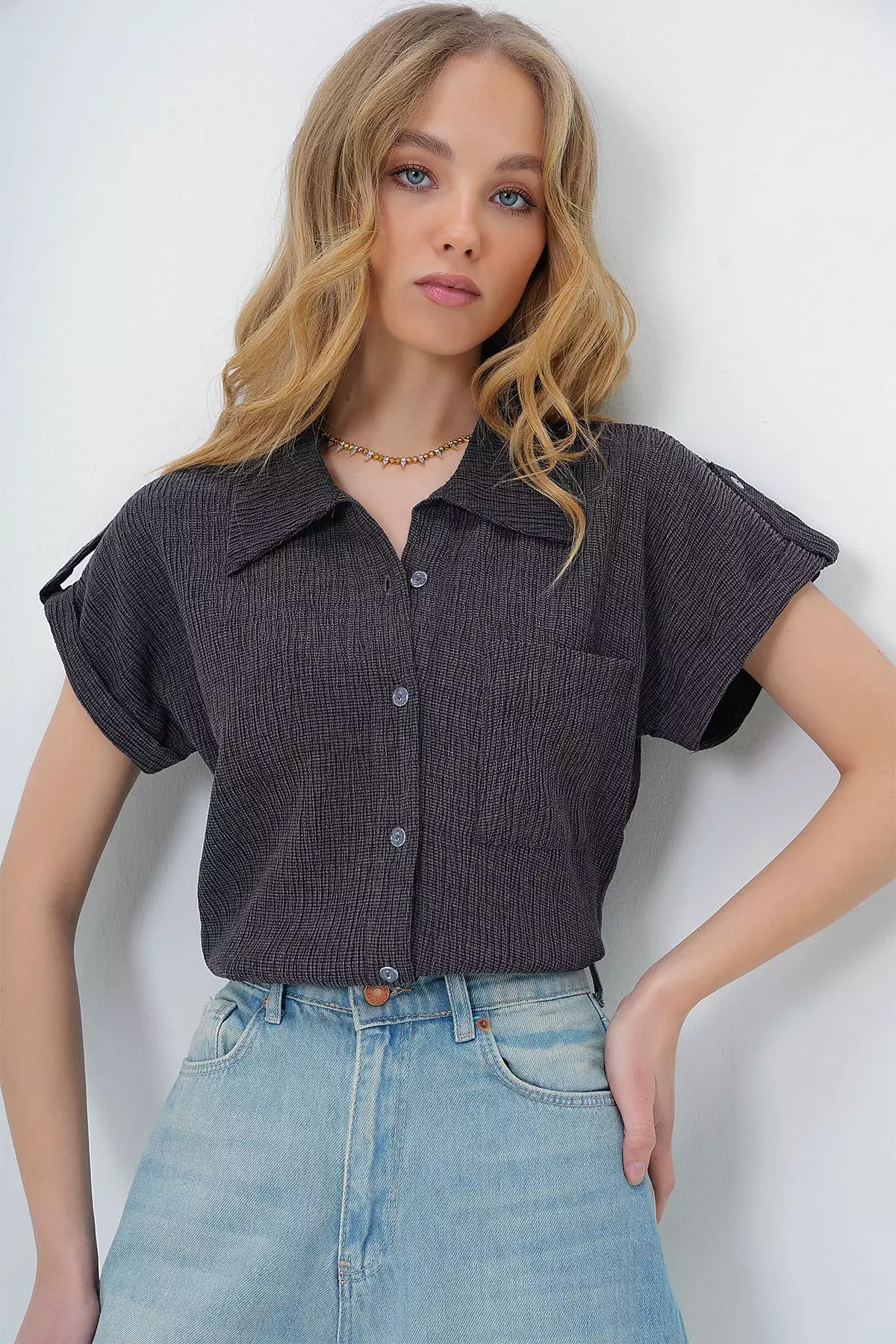 Women's Anthracite Cuffed Double Short Sleeve Textured Shirt